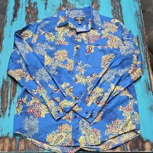 Houston White Brand Blue and Yellow Casual Button Down Shirt with Ornate Design